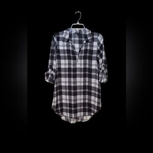 Moa Moa Plaid Tunic Top Johnny Collar Polo Relaxed Black White Womens S